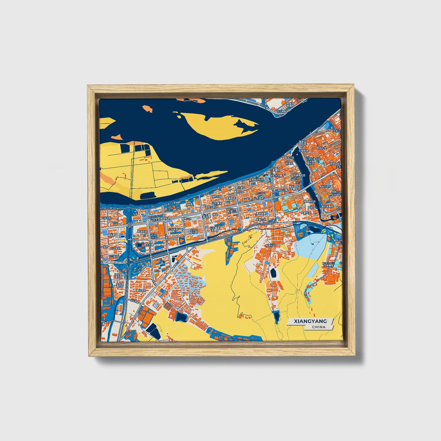 Xiangyang China Colorful City Map Canvas Print • Natural Wooden Framed