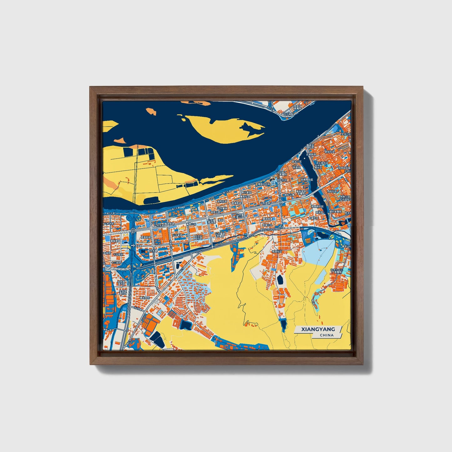 Xiangyang China Colorful City Map Canvas Print • Dark Wooden Framed