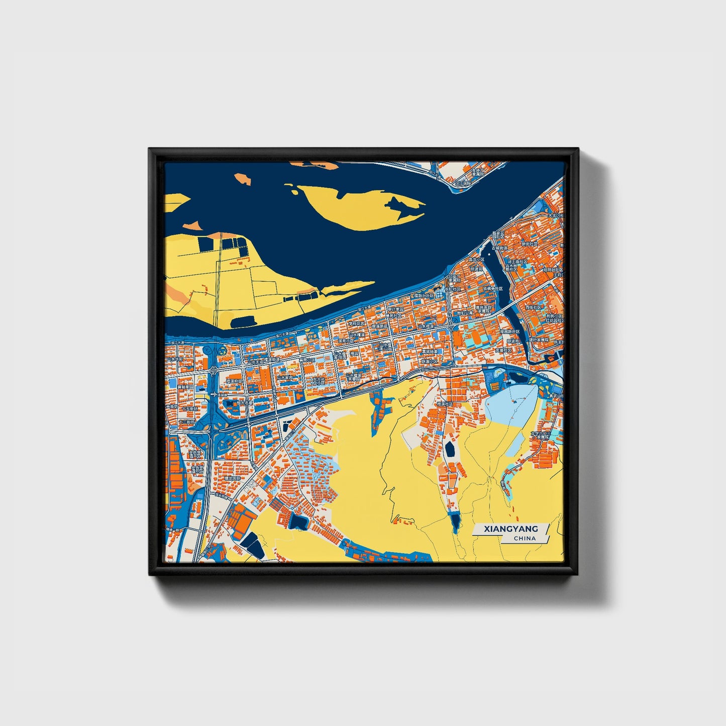 Xiangyang China Colorful City Map Canvas Print • Black Framed