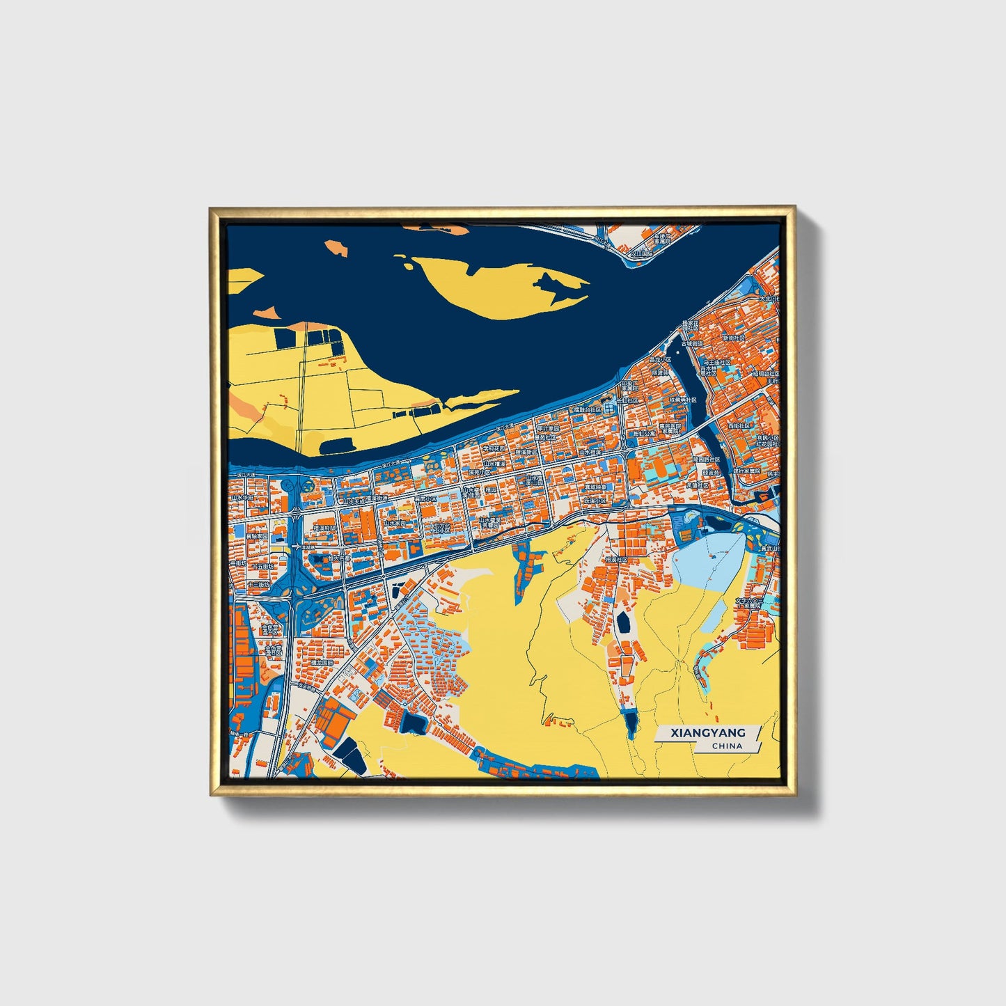 Xiangyang China Colorful City Map Canvas Print • Gold Framed
