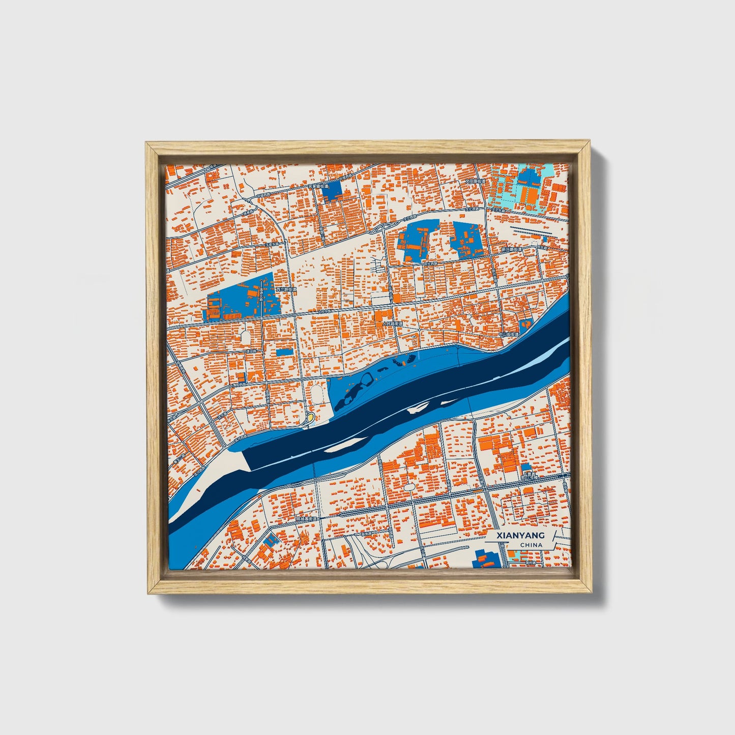 Xianyang China Colorful City Map Canvas Print • Natural Wooden Framed