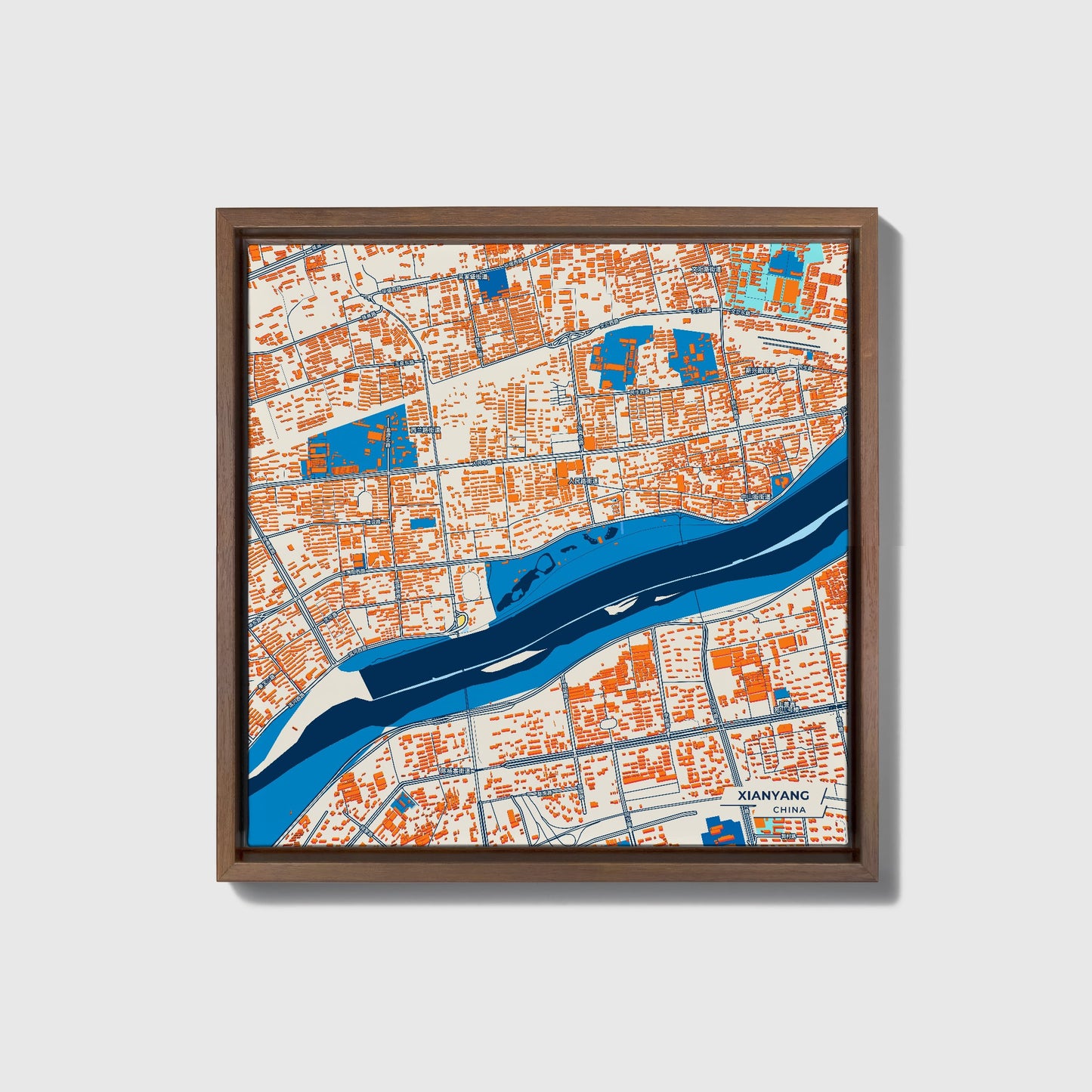 Xianyang China Colorful City Map Canvas Print • Dark Wooden Framed