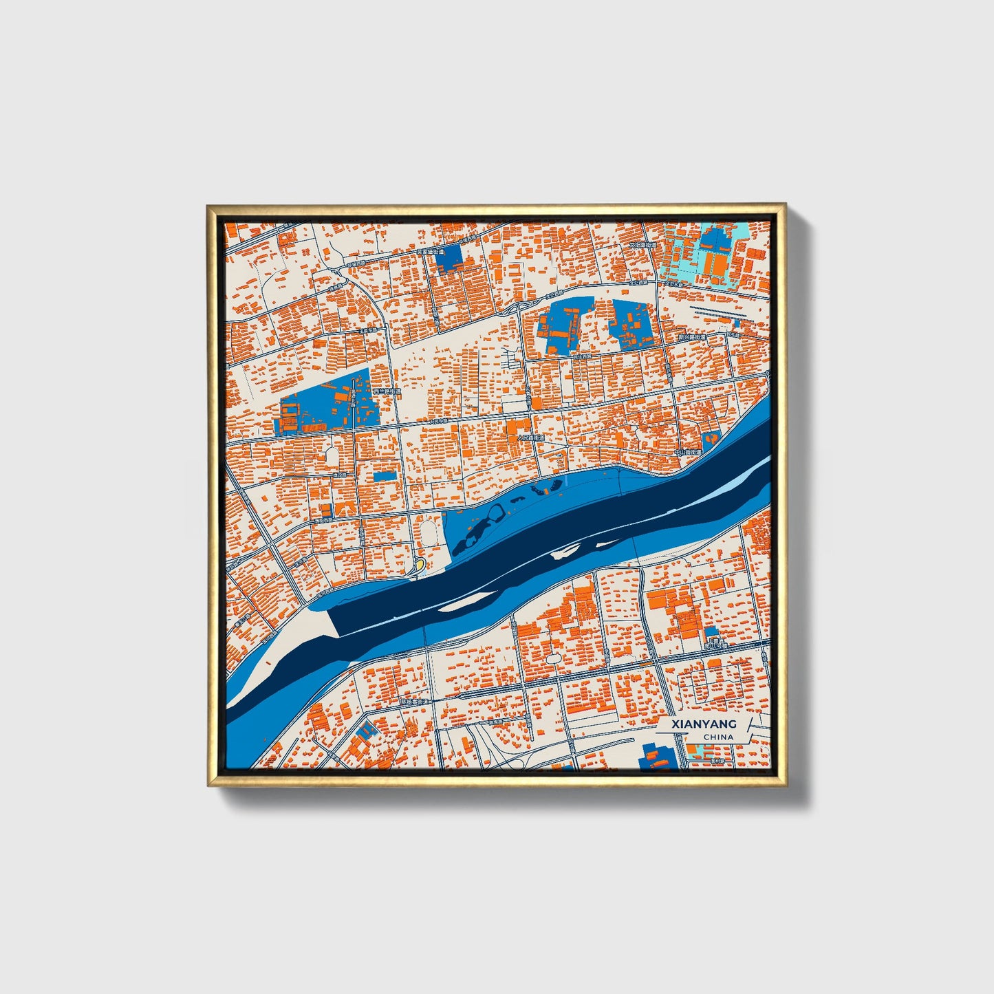 Xianyang China Colorful City Map Canvas Print • Gold Framed