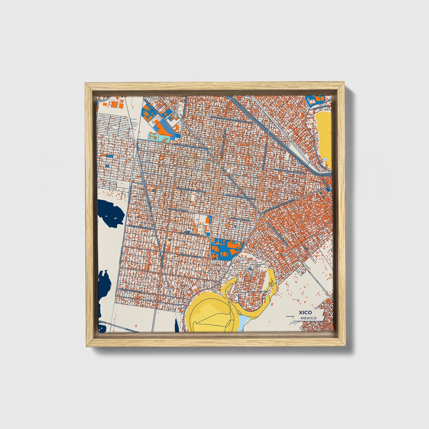 Xico Mexico Colorful City Map Canvas Print • Natural Wooden Framed