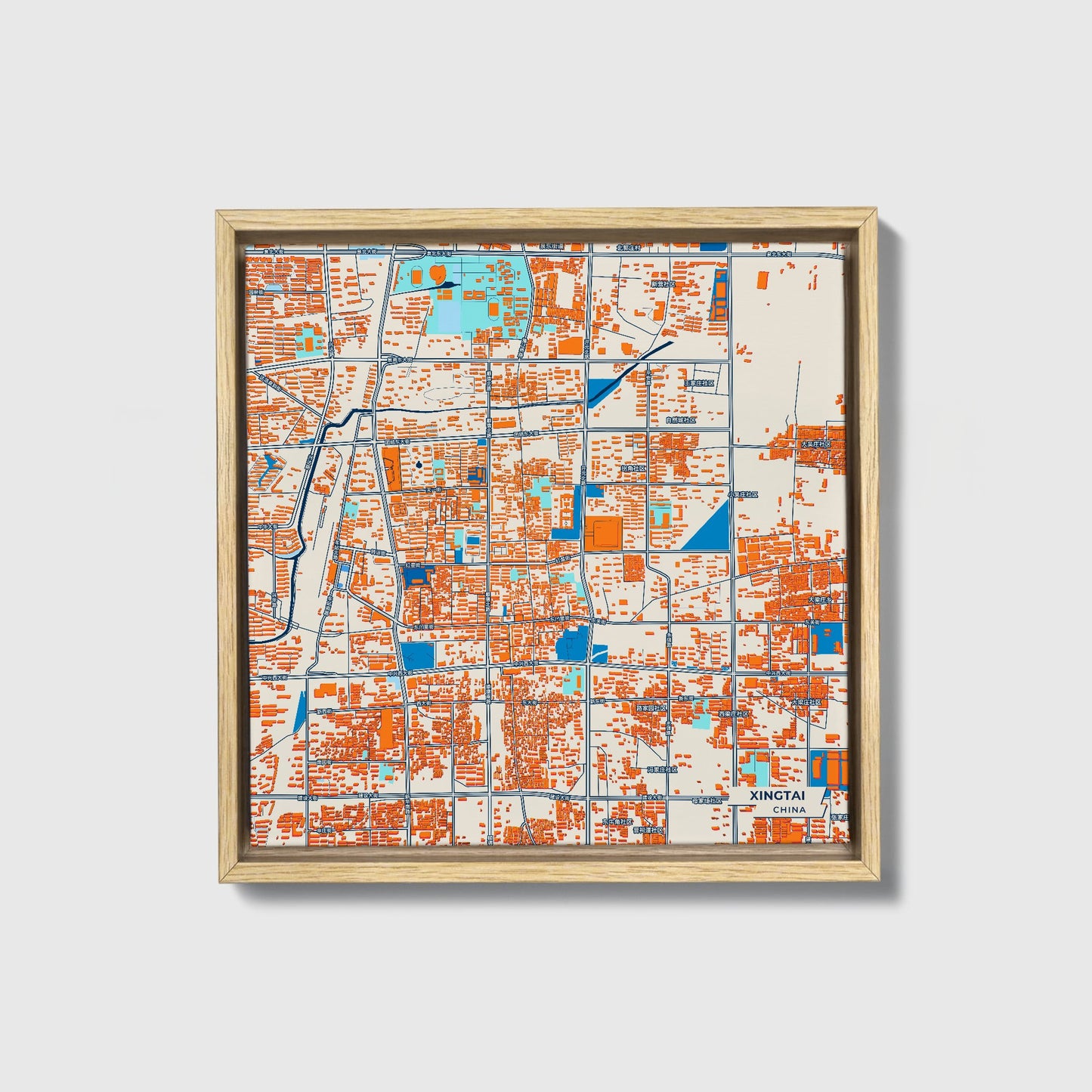 Xingtai China Colorful City Map Canvas Print • Natural Wooden Framed