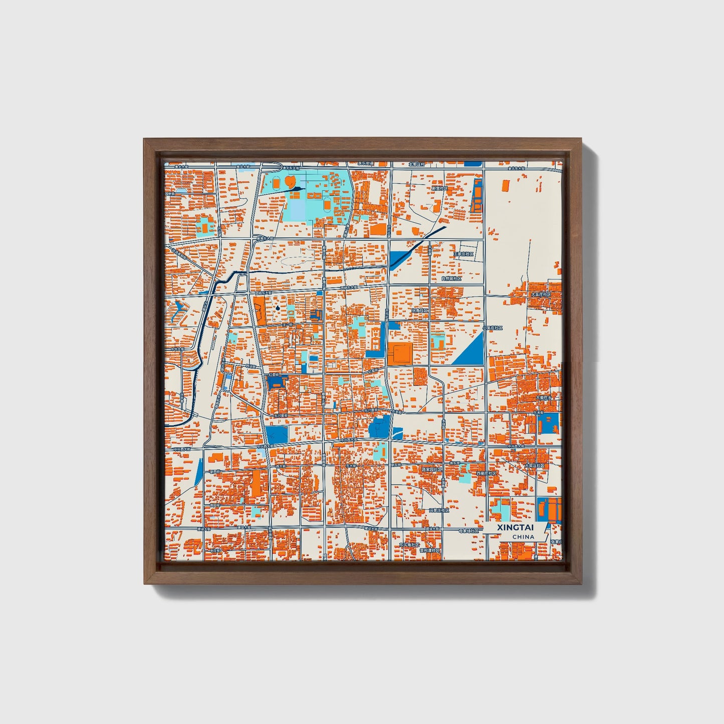 Xingtai China Colorful City Map Canvas Print • Dark Wooden Framed