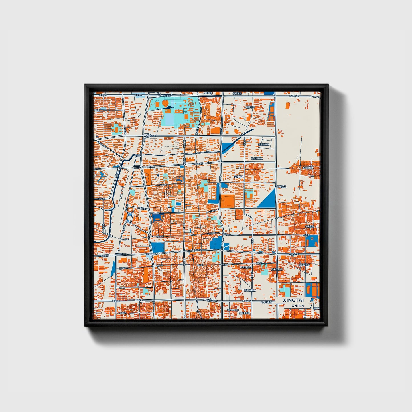 Xingtai China Colorful City Map Canvas Print • Black Framed