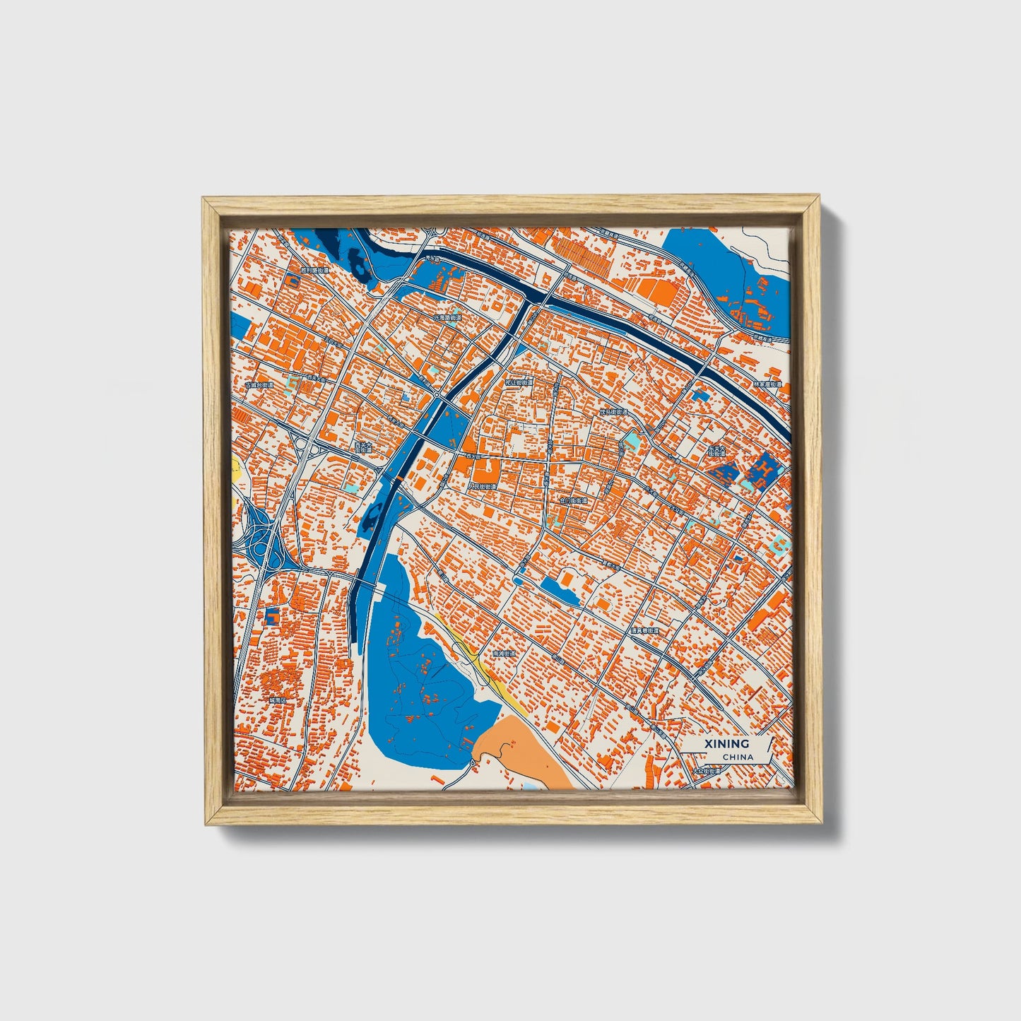 Xining China Colorful City Map Canvas Print • Natural Wooden Framed