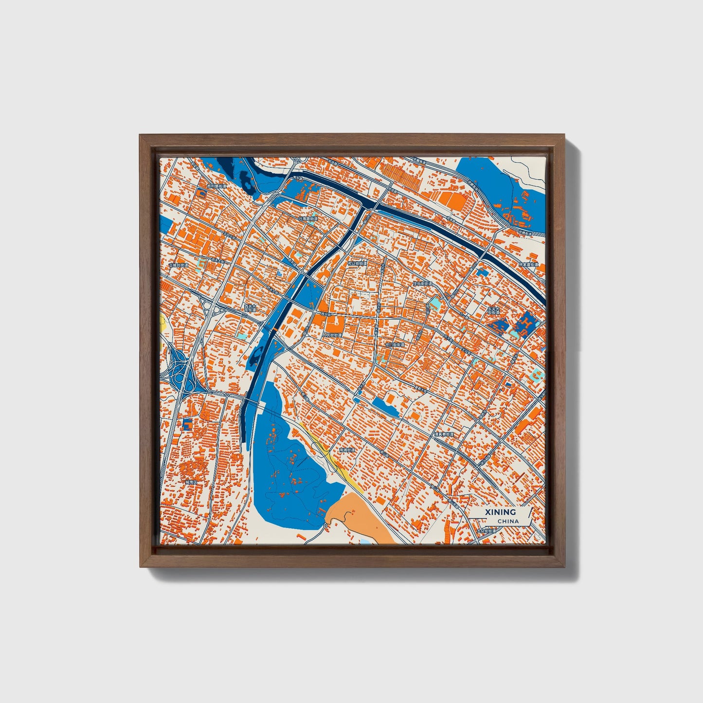 Xining China Colorful City Map Canvas Print • Dark Wooden Framed