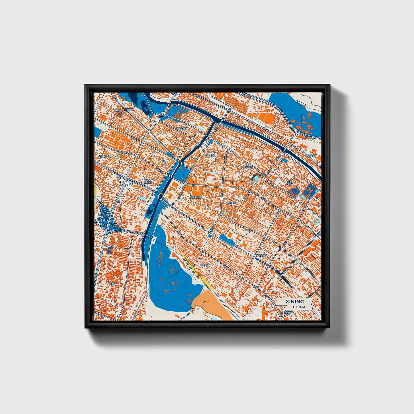 Xining China Colorful City Map Canvas Print • Black Framed