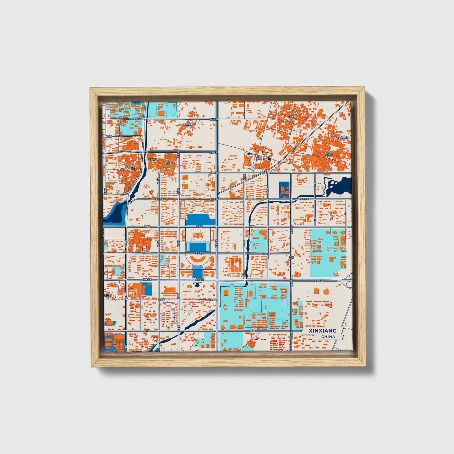 Xinxiang China Colorful City Map Canvas Print • Natural Wooden Framed