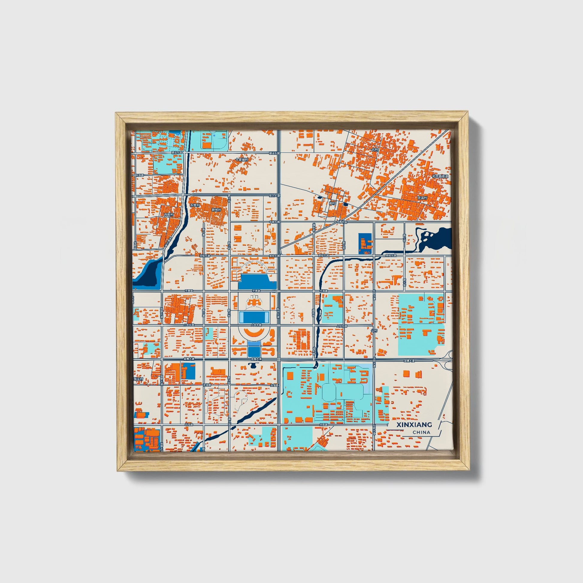 Xinxiang China Colorful City Map Canvas Print • Natural Wooden Framed