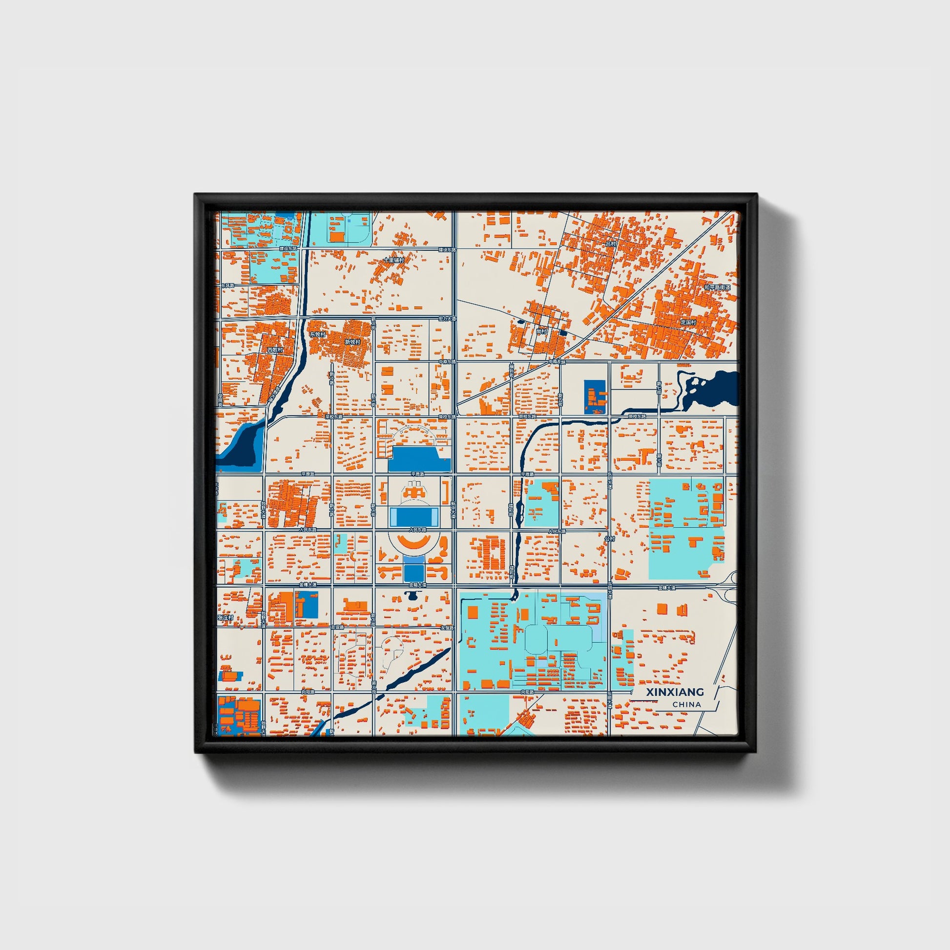 Xinxiang China Colorful City Map Canvas Print • Black Framed