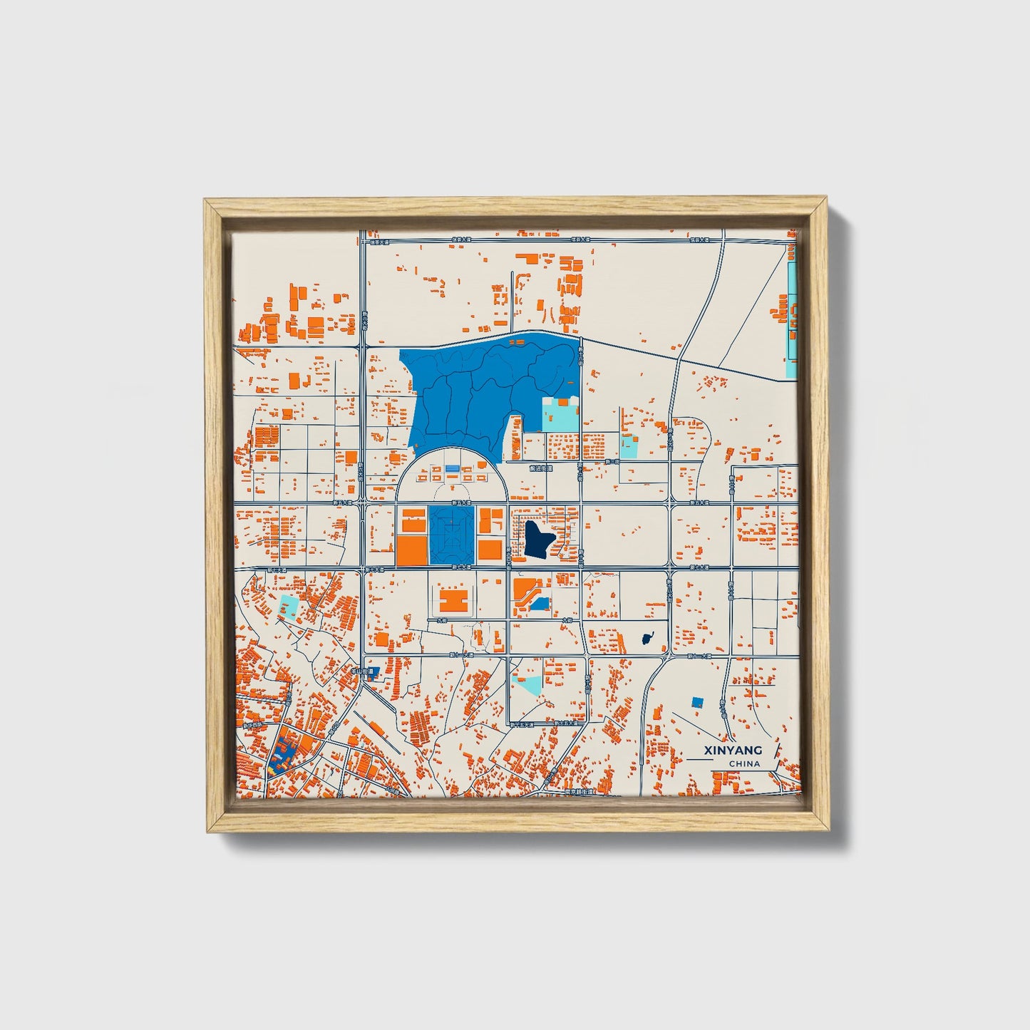 Xinyang China Colorful City Map Canvas Print • Natural Wooden Framed