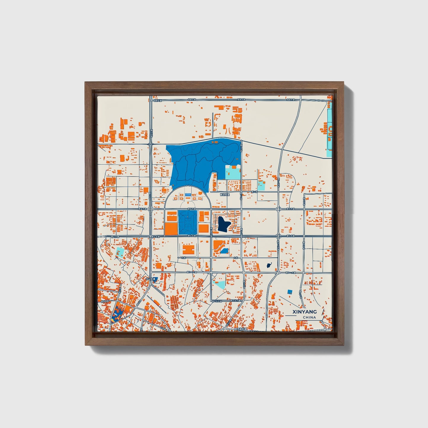 Xinyang China Colorful City Map Canvas Print • Dark Wooden Framed