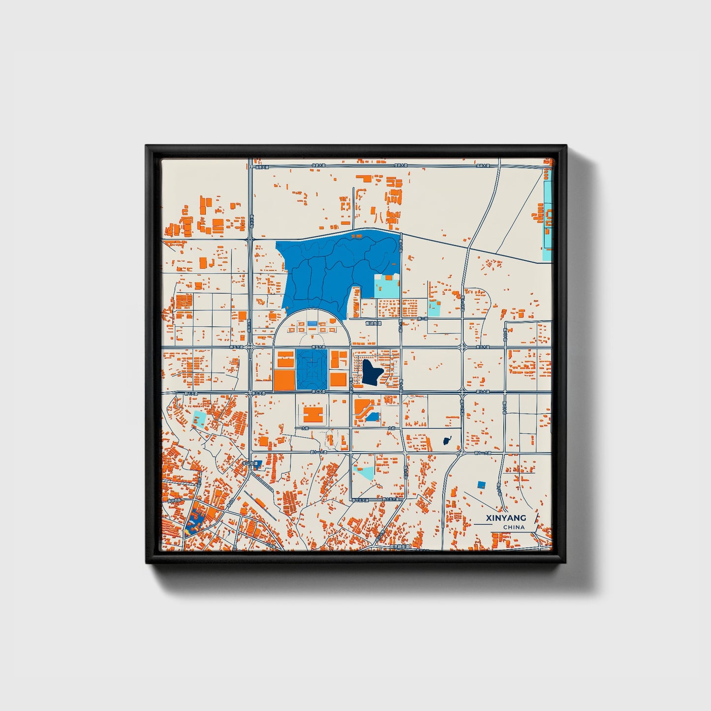Xinyang China Colorful City Map Canvas Print • Black Framed