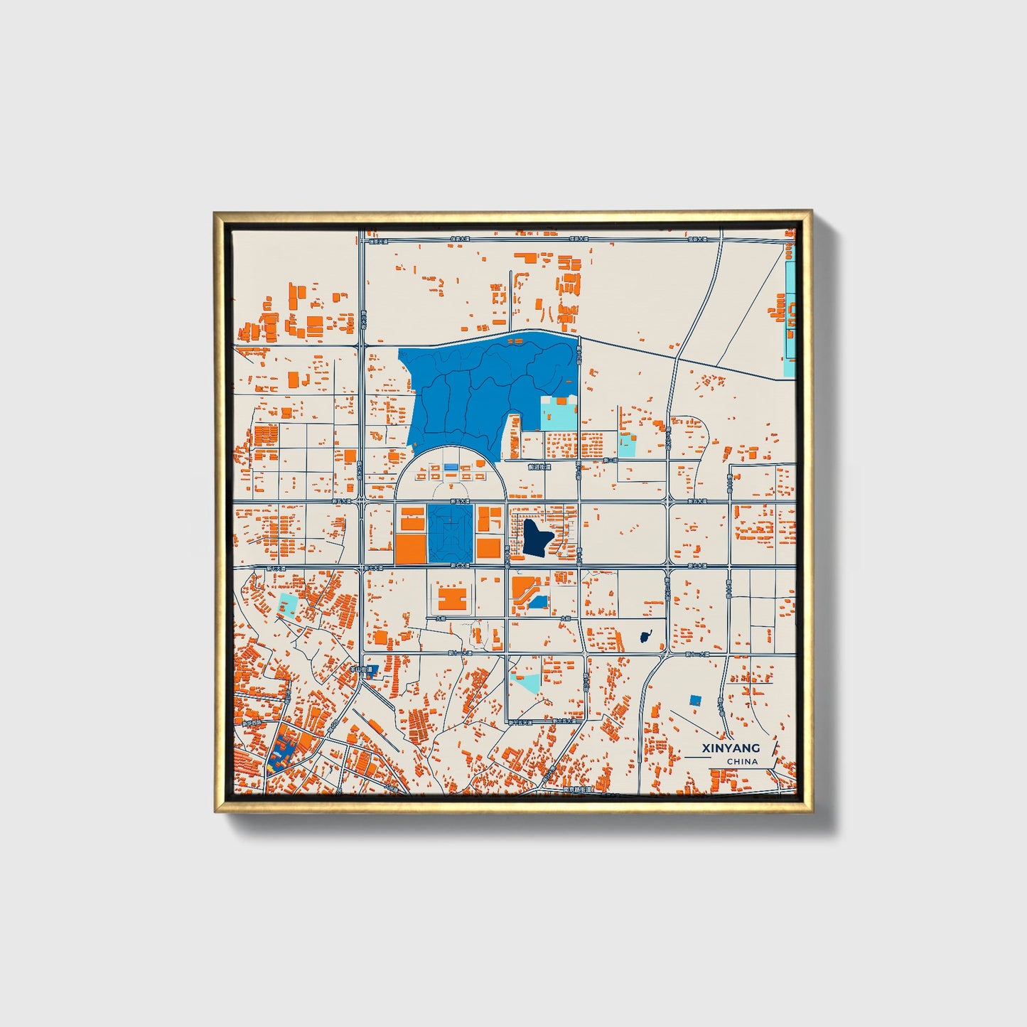 Xinyang China Colorful City Map Canvas Print • Gold Framed