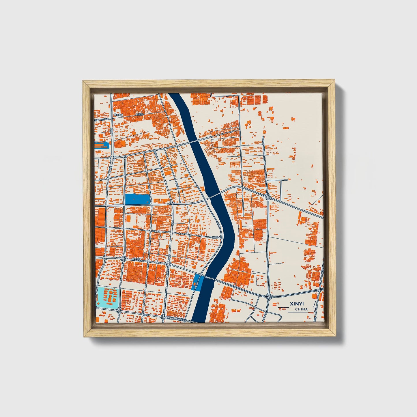 Xinyi China Colorful City Map Canvas Print • Natural Wooden Framed