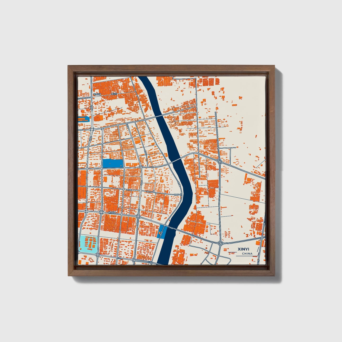 Xinyi China Colorful City Map Canvas Print • Dark Wooden Framed