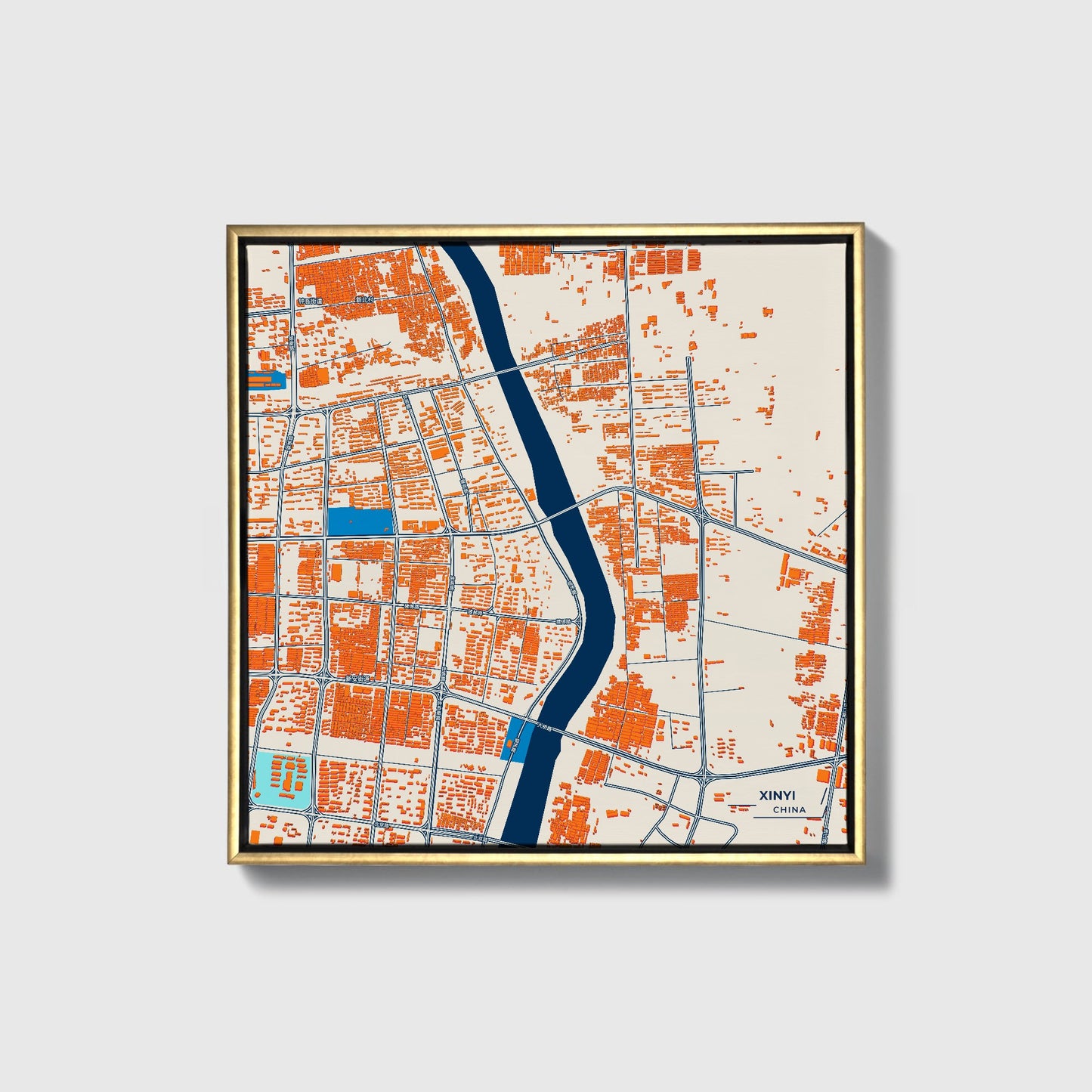 Xinyi China Colorful City Map Canvas Print • Gold Framed
