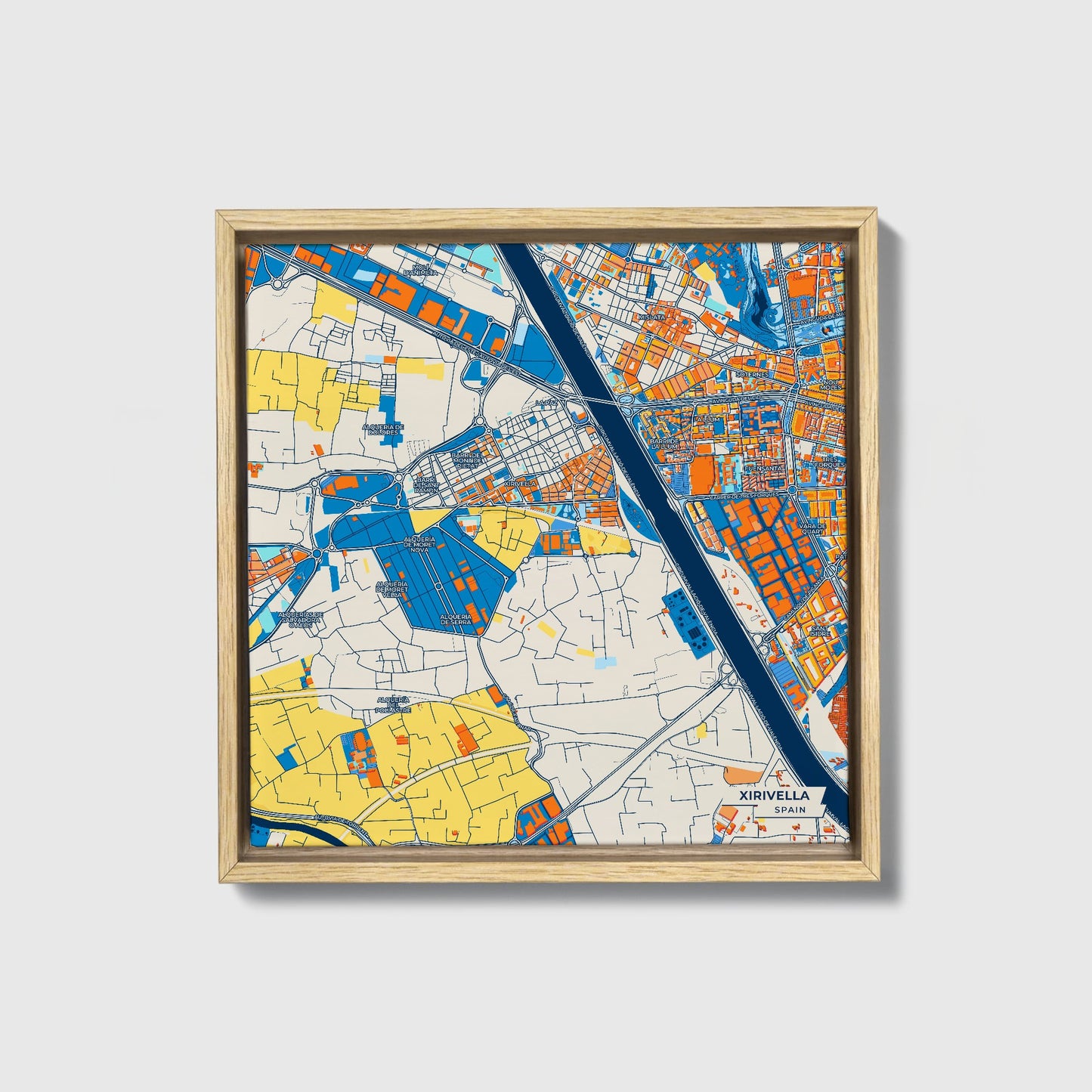 Xirivella Spain Colorful City Map Canvas Print • Natural Wooden Framed