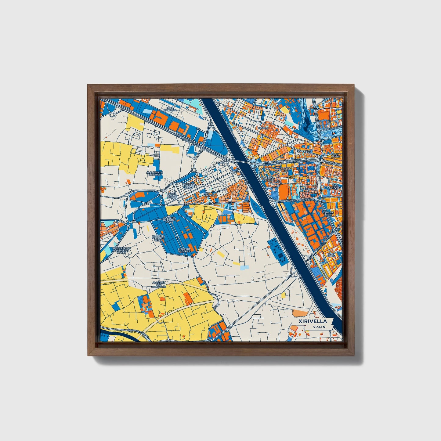 Xirivella Spain Colorful City Map Canvas Print • Dark Wooden Framed