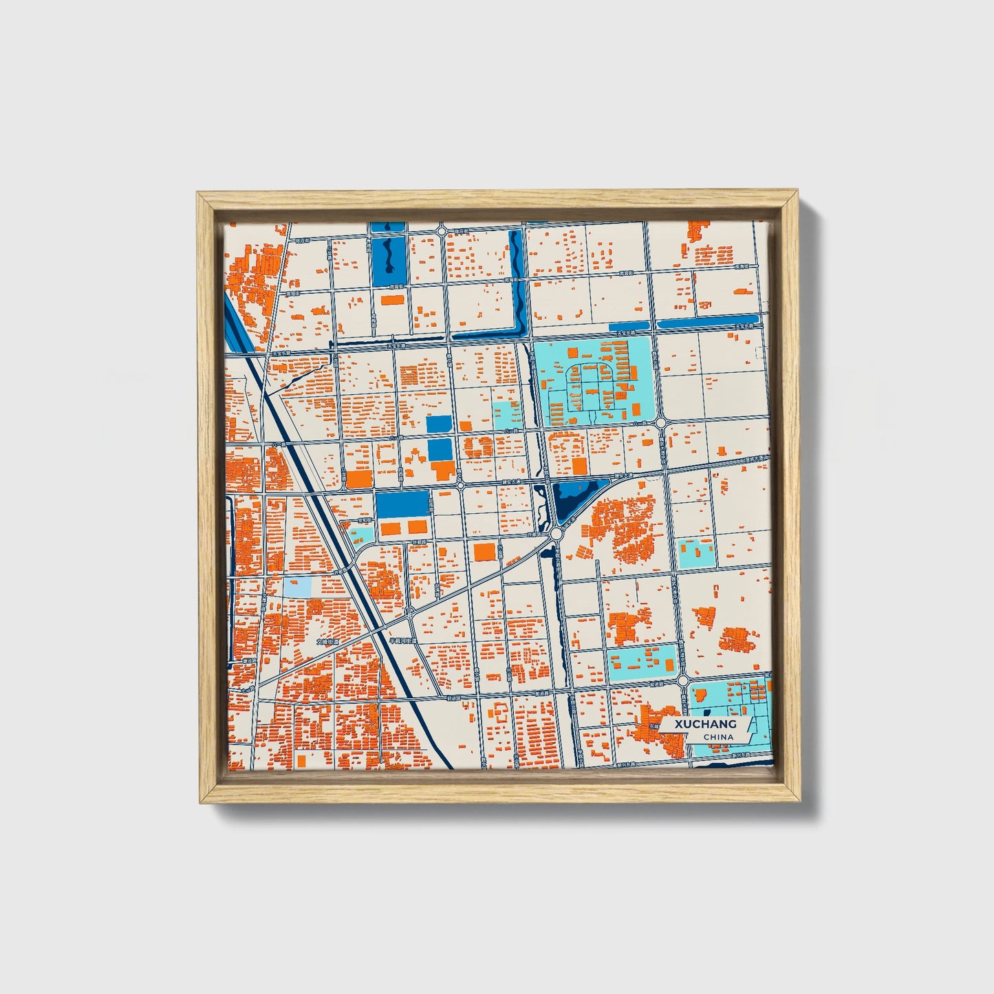 Xuchang China Colorful City Map Canvas Print • Natural Wooden Framed