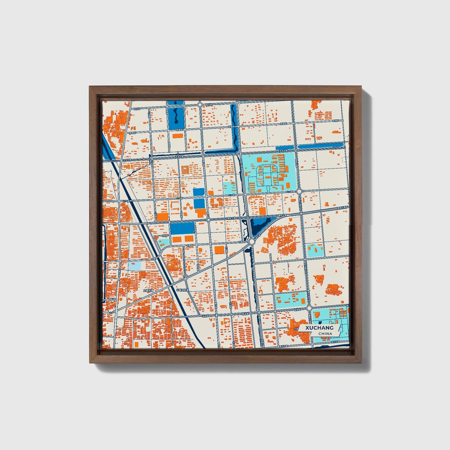 Xuchang China Colorful City Map Canvas Print • Dark Wooden Framed
