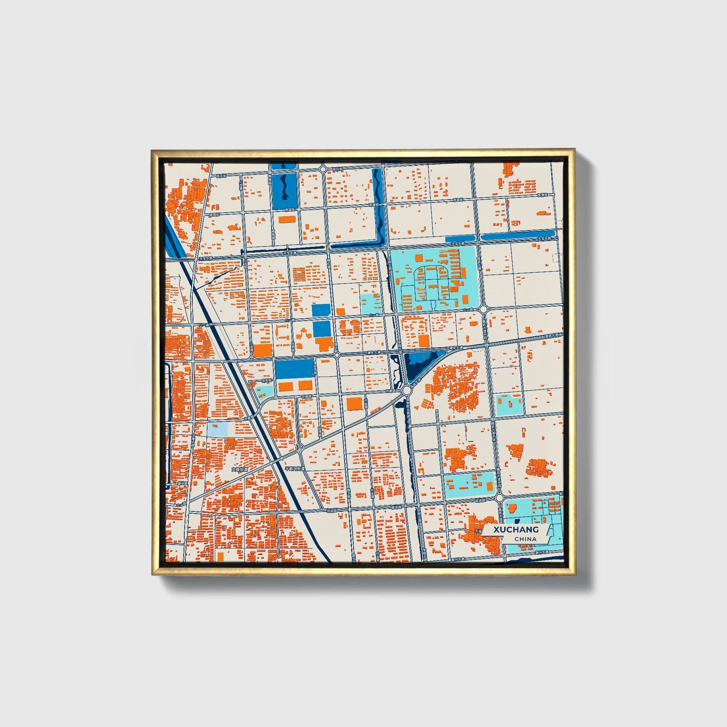 Xuchang China Colorful City Map Canvas Print • Gold Framed