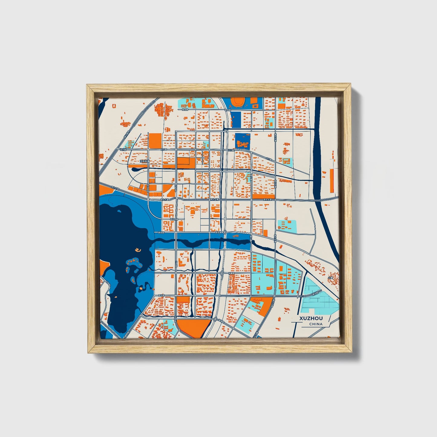 Xuzhou China Colorful City Map Canvas Print • Natural Wooden Framed