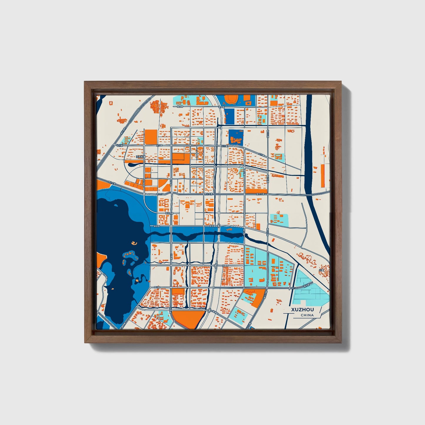 Xuzhou China Colorful City Map Canvas Print • Dark Wooden Framed
