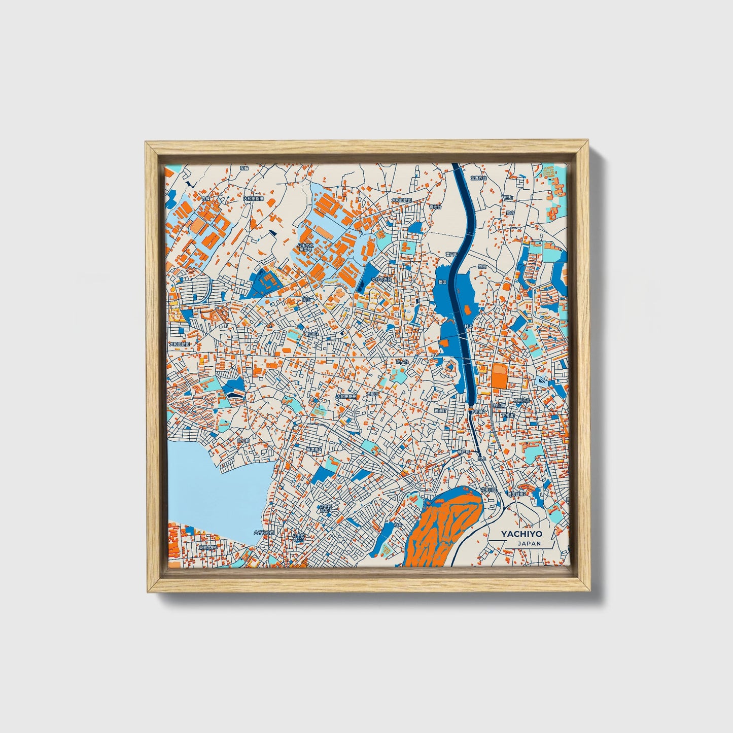 Yachiyo Japan Colorful City Map Canvas Print • Natural Wooden Framed