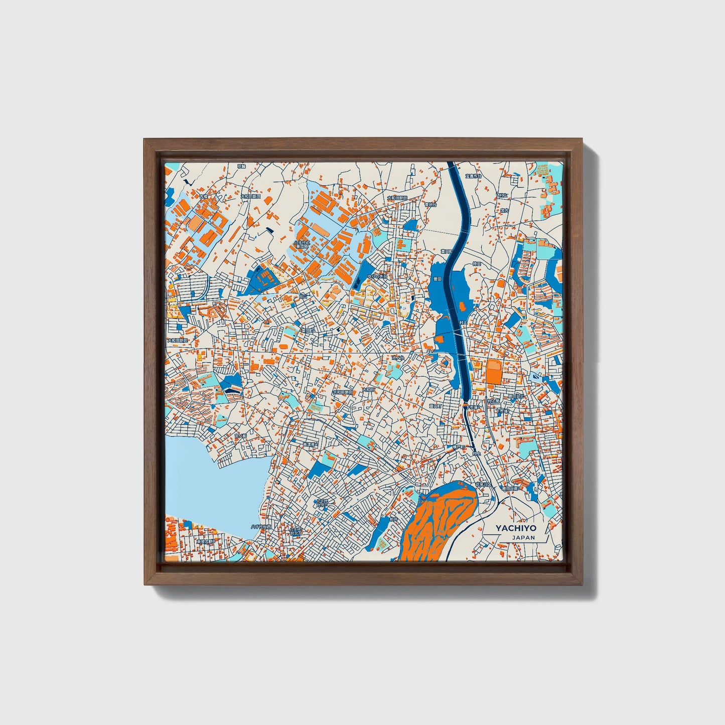Yachiyo Japan Colorful City Map Canvas Print • Dark Wooden Framed