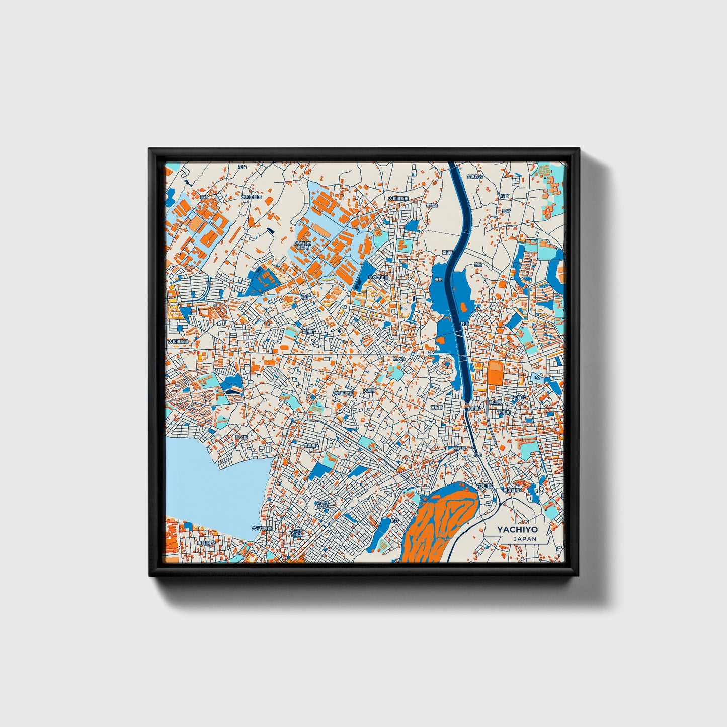 Yachiyo Japan Colorful City Map Canvas Print • Black Framed