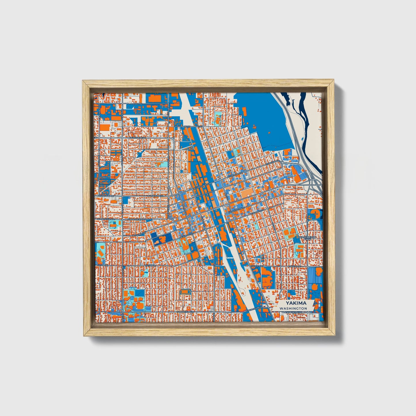 Yakima Washington Colorful City Map Canvas Print • Natural Wooden Framed