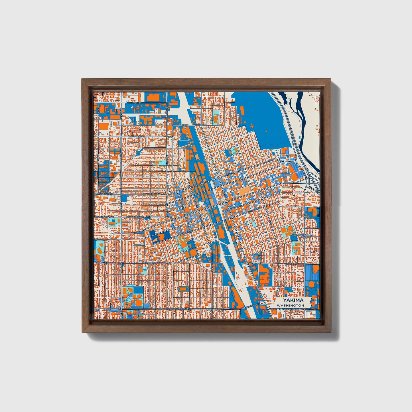 Yakima Washington Colorful City Map Canvas Print • Dark Wooden Framed