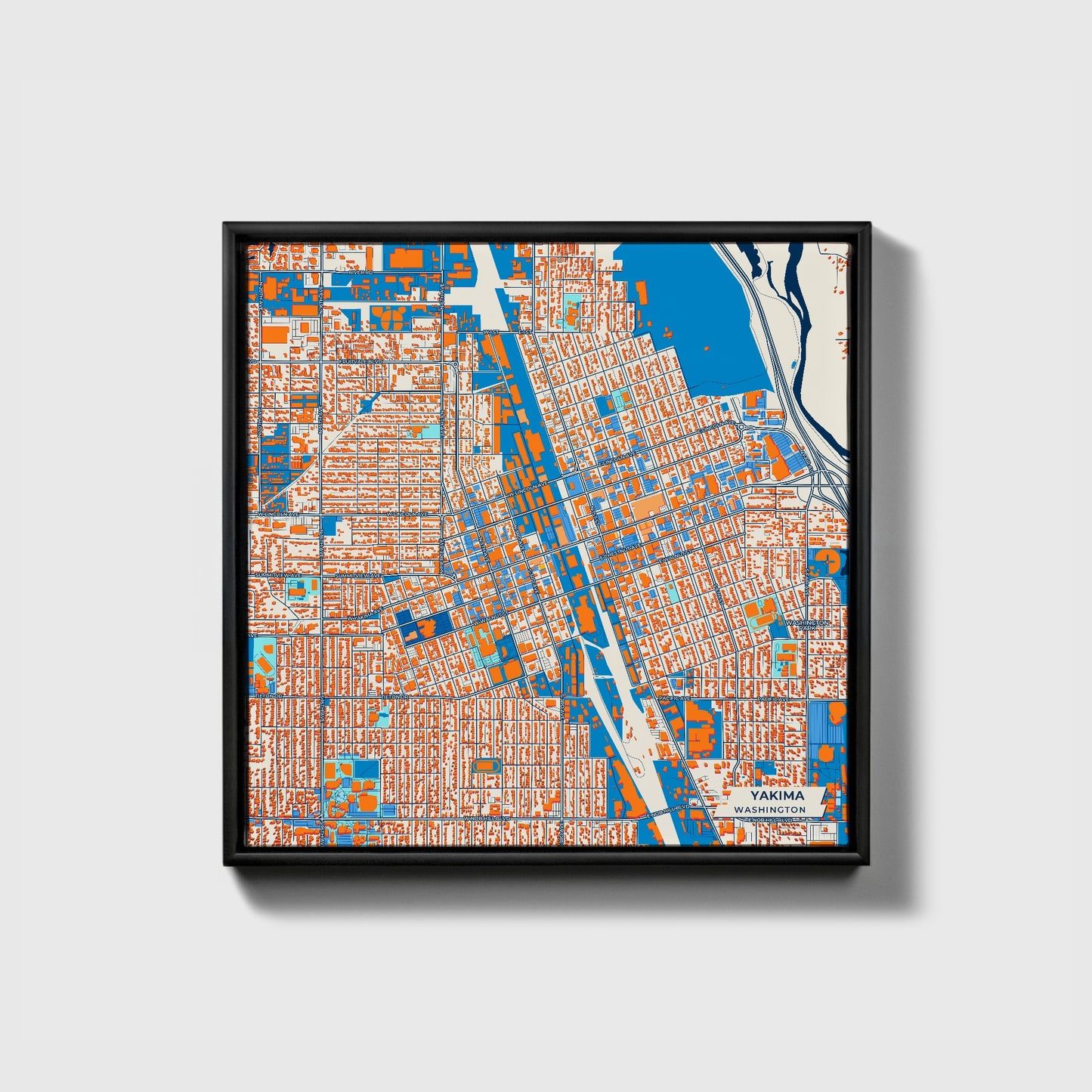 Yakima Washington Colorful City Map Canvas Print • Black Framed