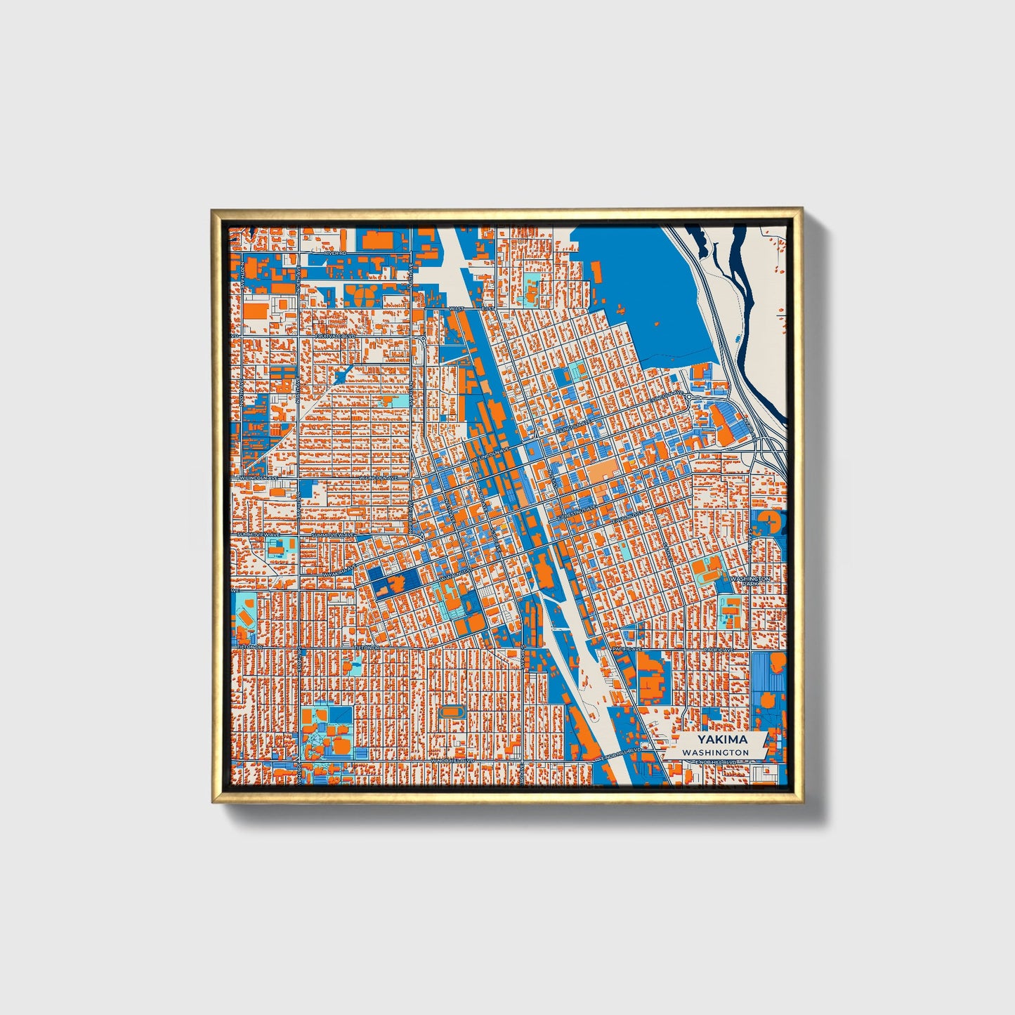 Yakima Washington Colorful City Map Canvas Print • Gold Framed