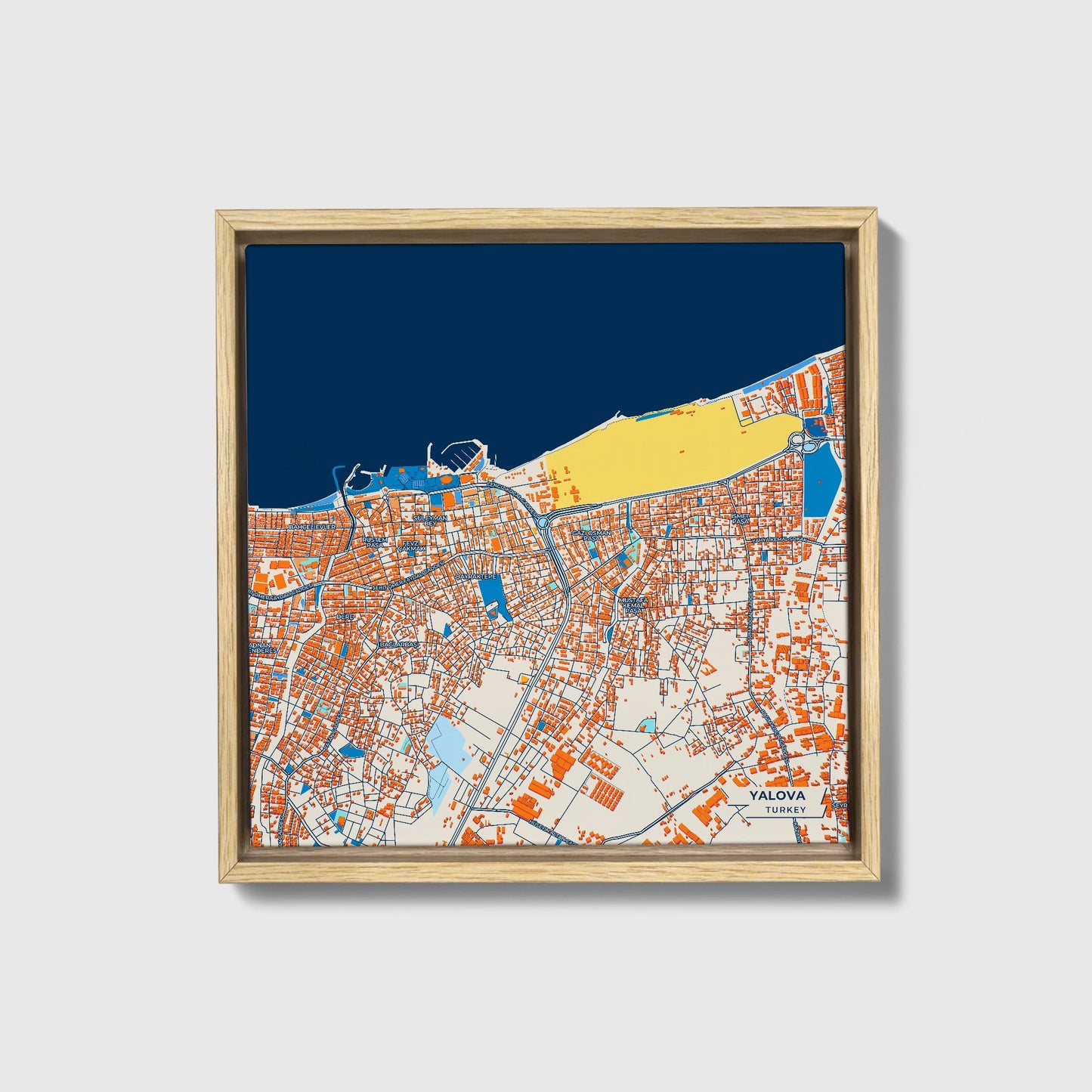 Yalova Turkey Colorful City Map Canvas Print • Natural Wooden Framed