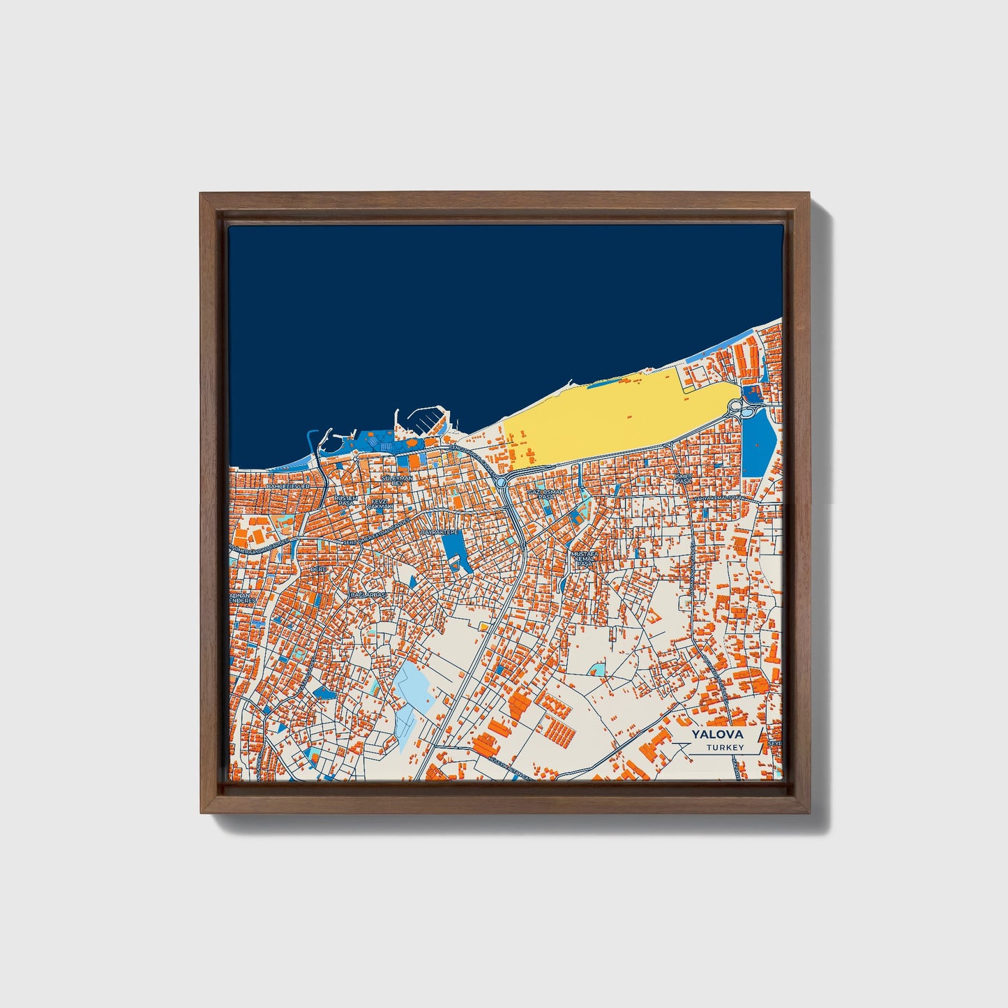 Yalova Turkey Colorful City Map Canvas Print • Dark Wooden Framed