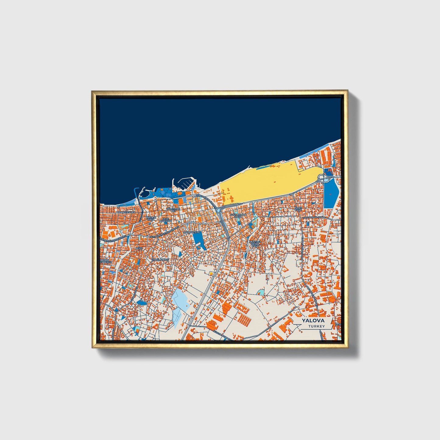 Yalova Turkey Colorful City Map Canvas Print • Gold Framed