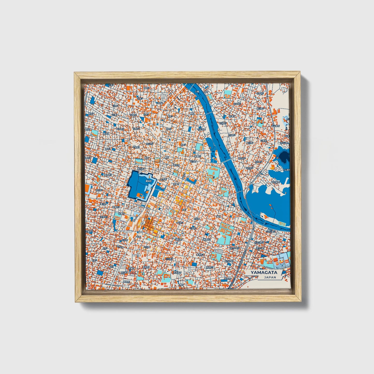 Yamagata Japan Colorful City Map Canvas Print • Natural Wooden Framed