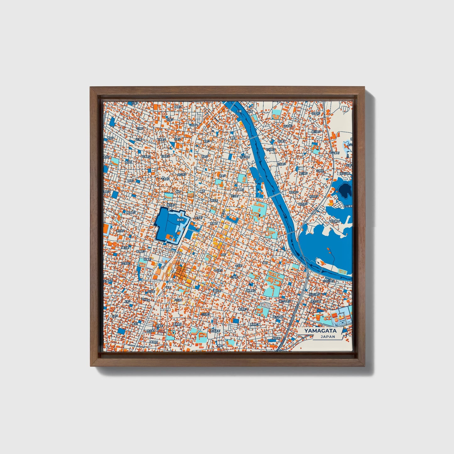 Yamagata Japan Colorful City Map Canvas Print • Dark Wooden Framed