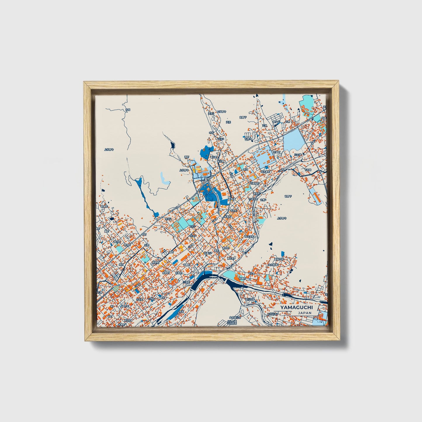 Yamaguchi Japan Colorful City Map Canvas Print • Natural Wooden Framed