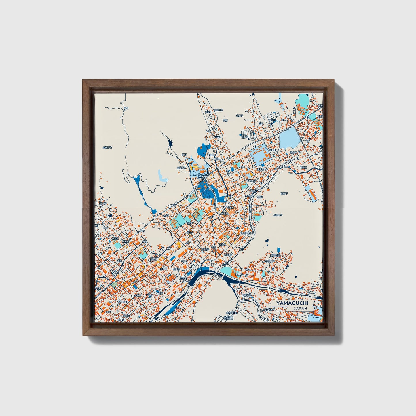 Yamaguchi Japan Colorful City Map Canvas Print • Dark Wooden Framed