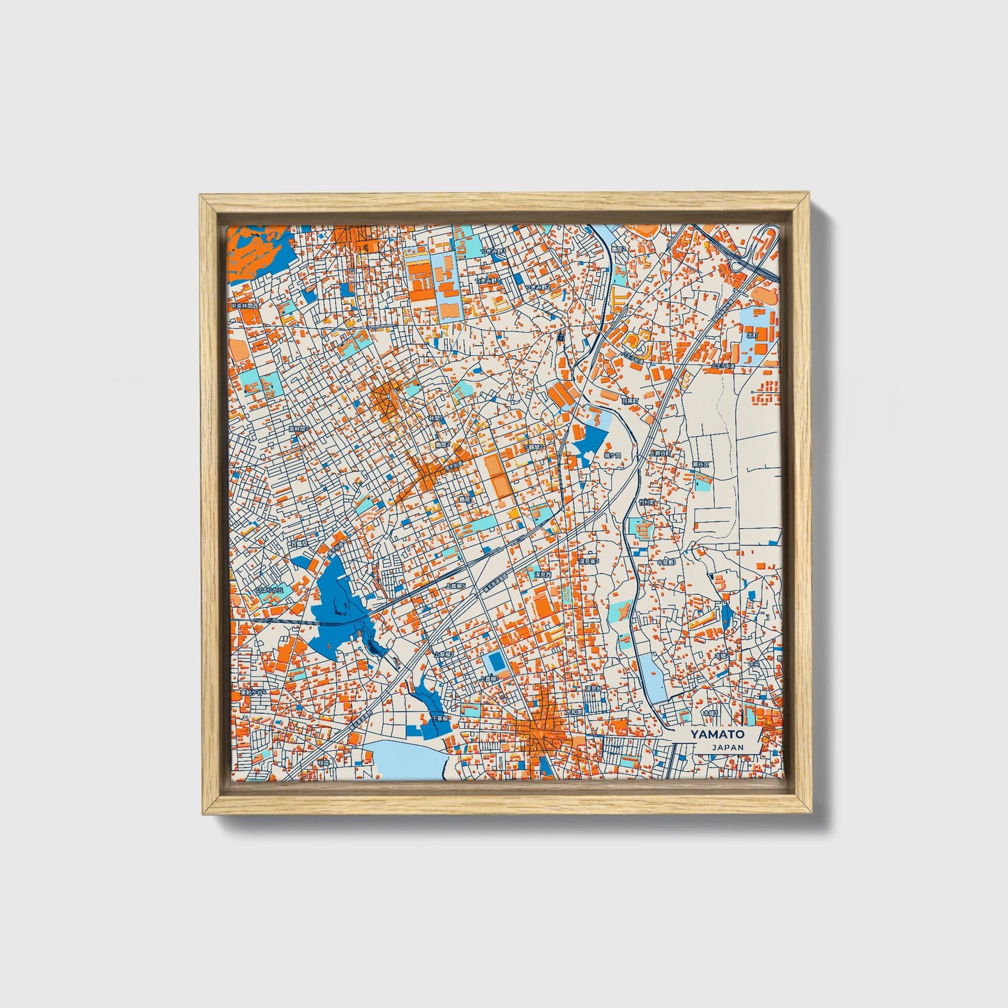 Yamato Japan Colorful City Map Canvas Print • Natural Wooden Framed