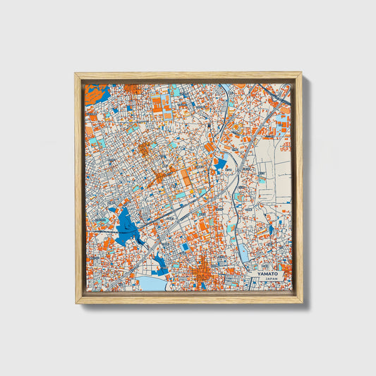 Yamato Japan Colorful City Map Canvas Print • Natural Wooden Framed