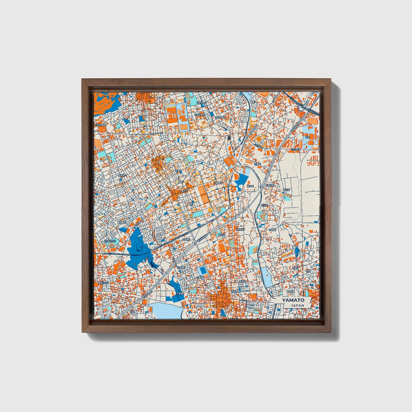 Yamato Japan Colorful City Map Canvas Print • Dark Wooden Framed
