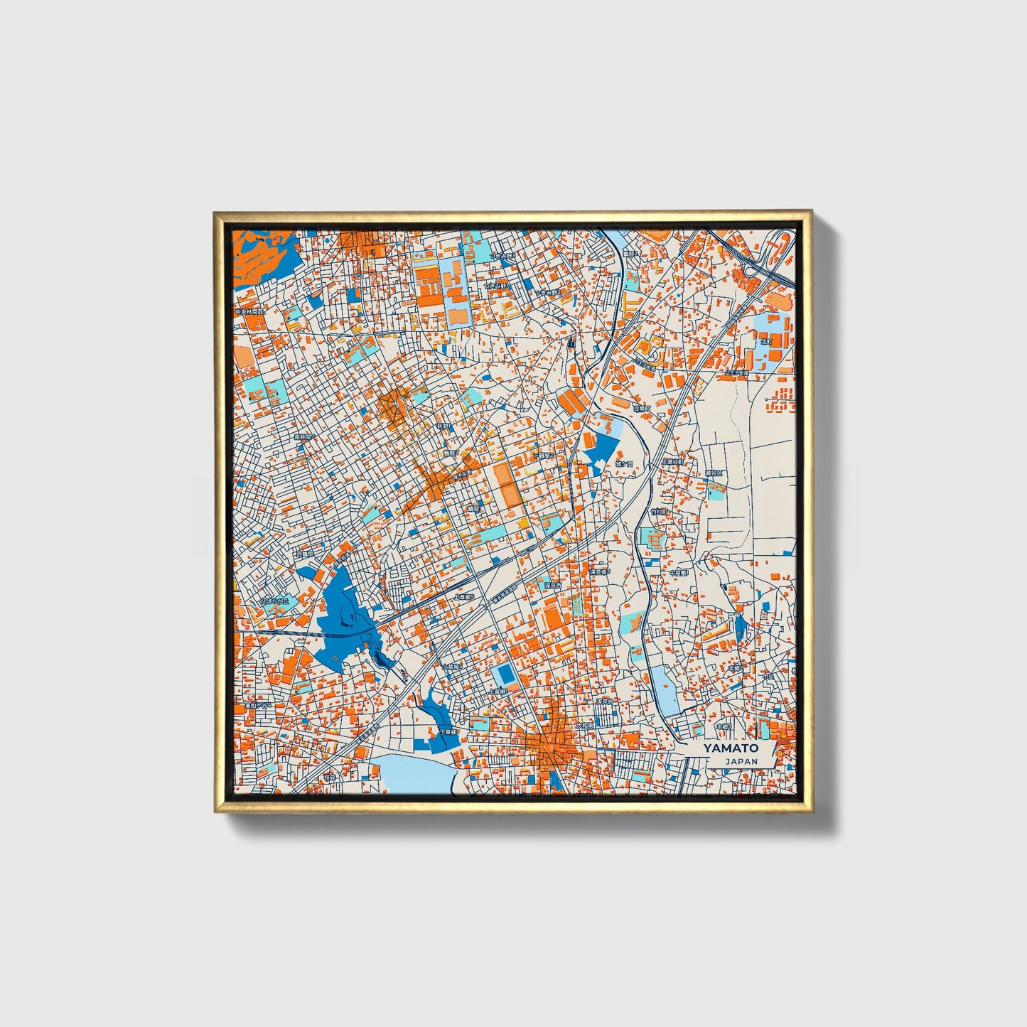 Yamato Japan Colorful City Map Canvas Print • Gold Framed