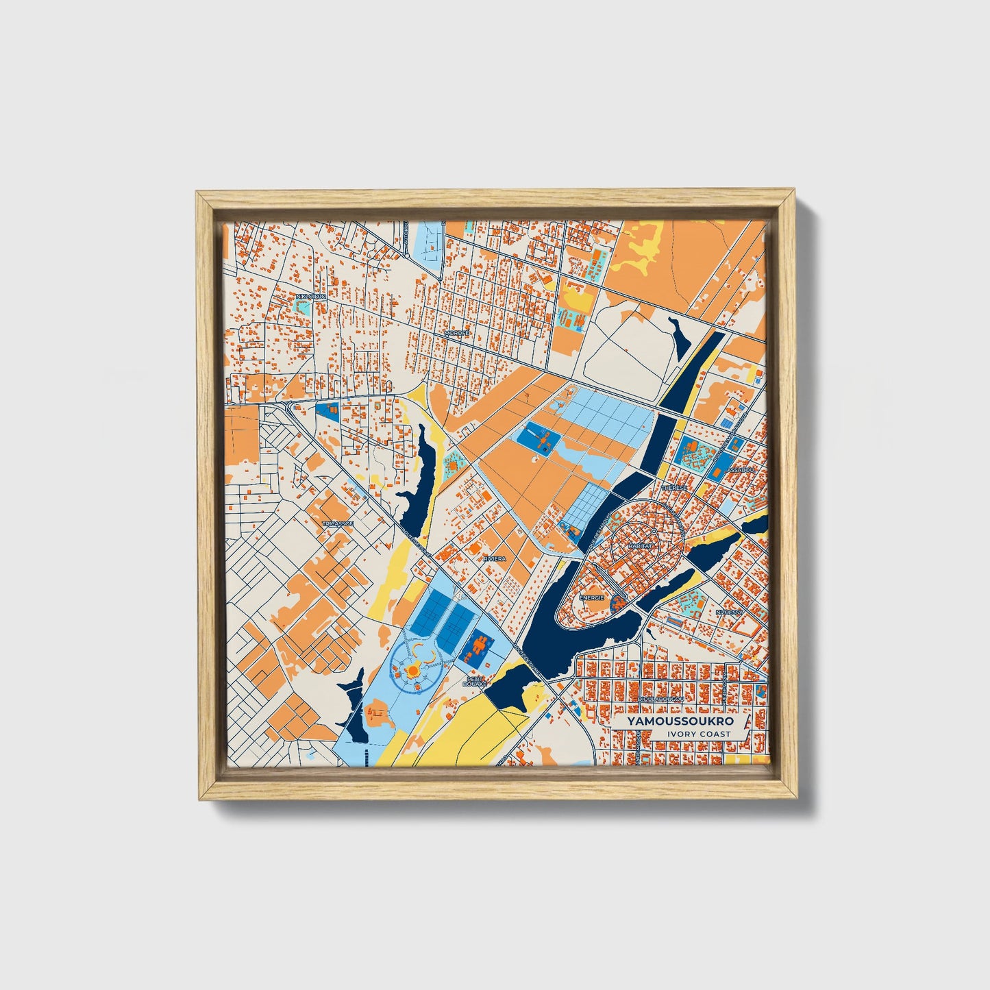 Yamoussoukro Ivory Coast Colorful City Map Canvas Print • Natural Wooden Framed